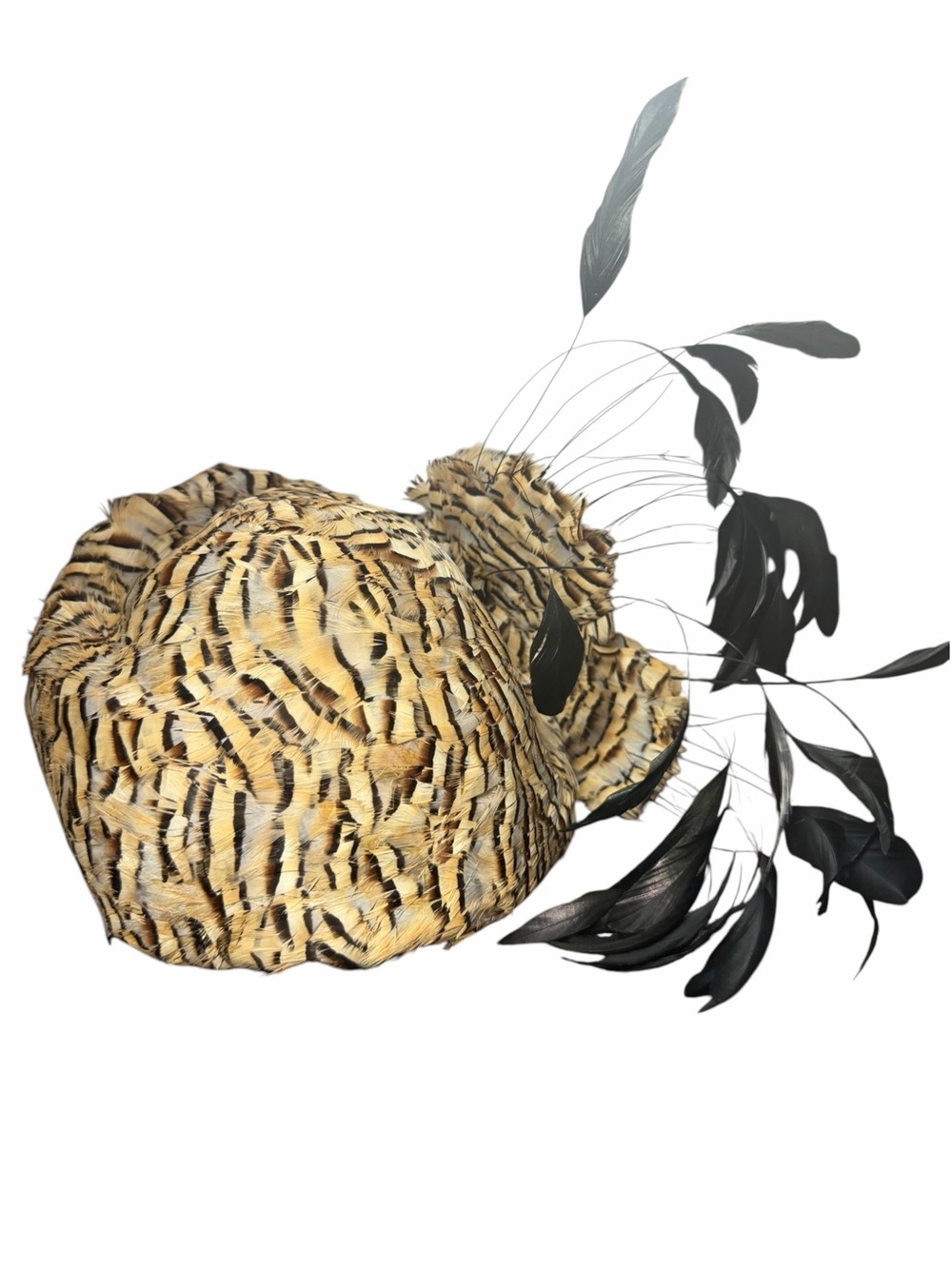 Jack McConnell Handcrafted Feathered Wool Cocktail Hat in Beige & Black